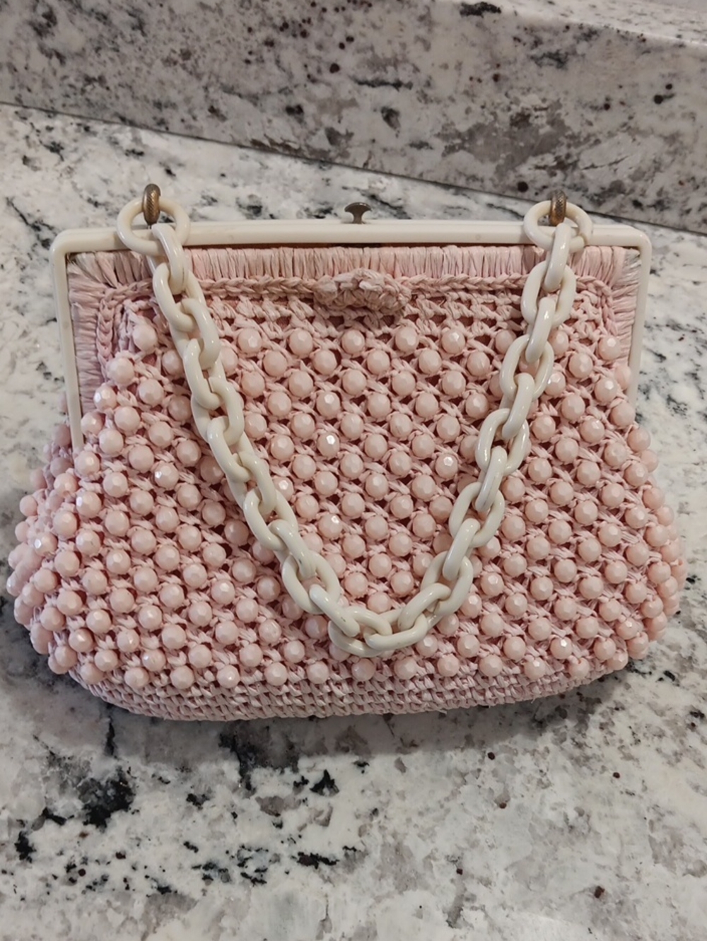 Vintage Pink Raffia Woven Beaded Handbag With Chain Handle